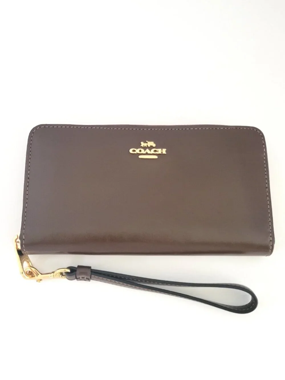 Coach CEC19 Long Zip Around Crinkle Shiny Leather Wallet Wristlet Maple